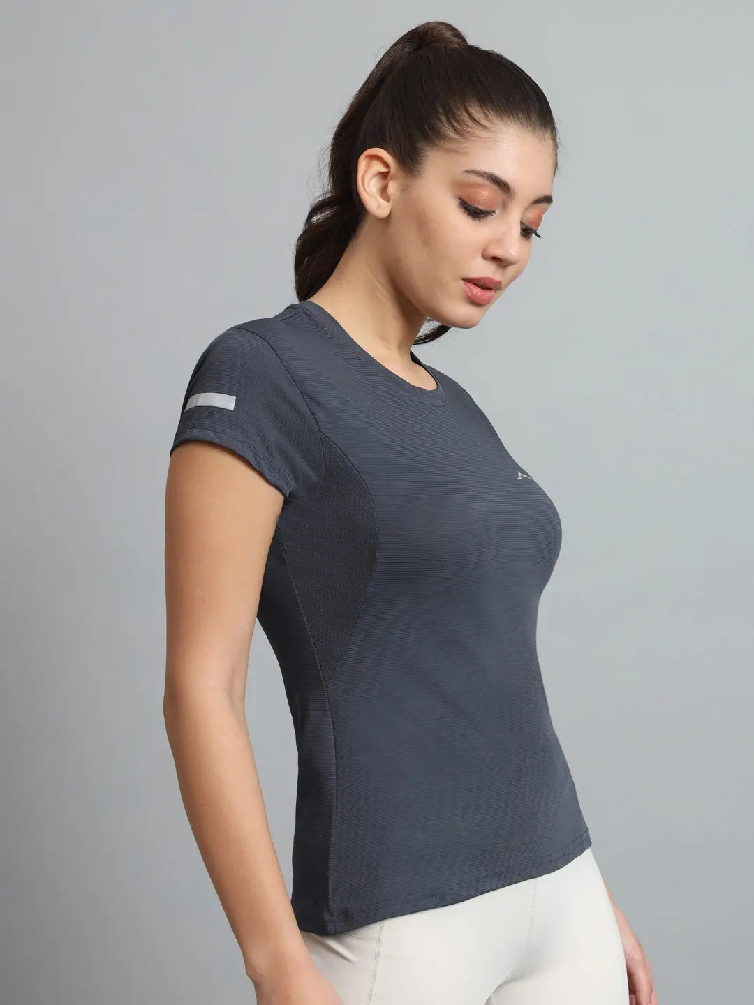 Right Side Image of Metallic Grey Color Tshirt for Women - Reccy