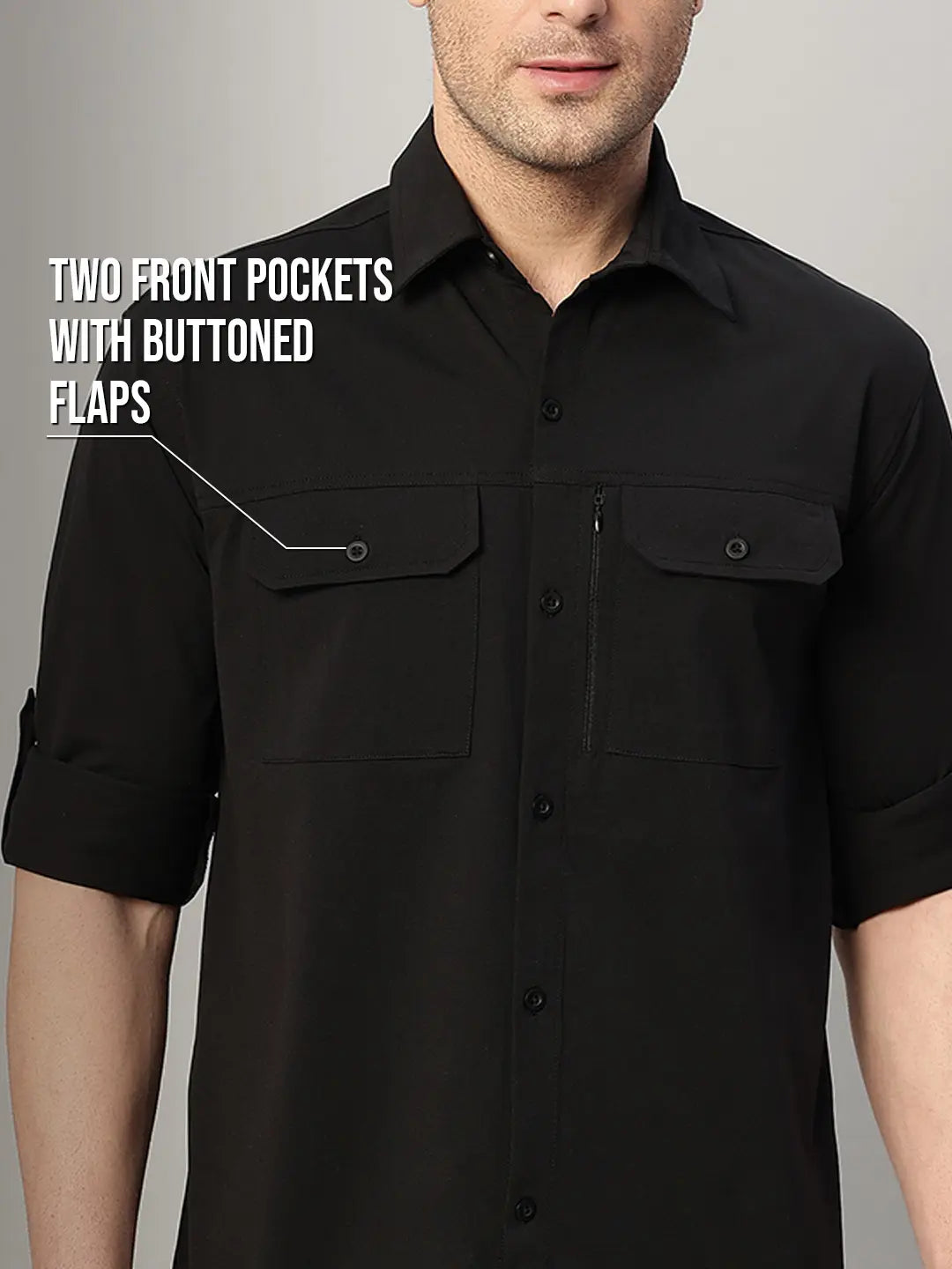 Front pockets of Black Cargo Shirt - Reccy