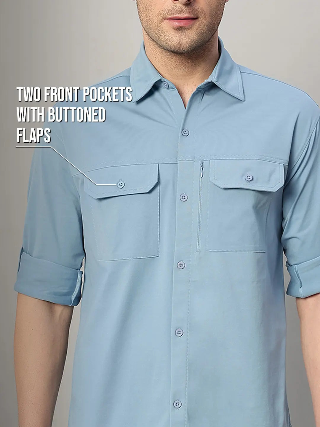 Two Front Pockets of Dusk Blue Cargo Shirt for Men - Reccy