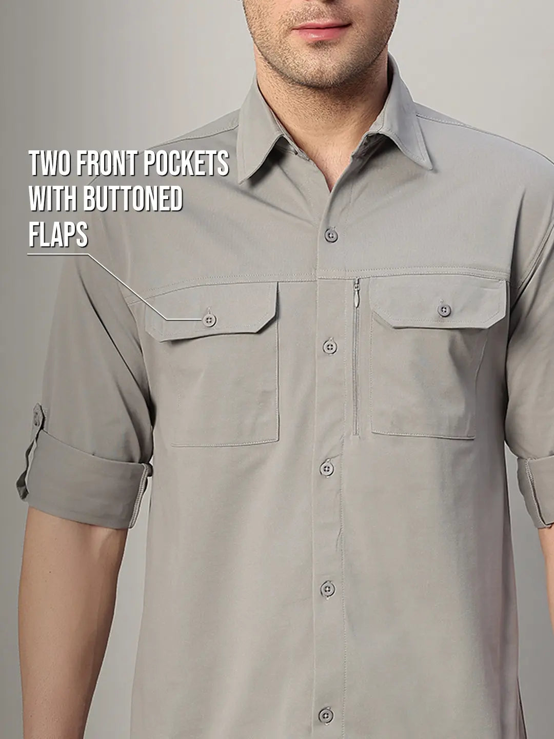 Double Pocket Light Grey Cargo Shirt for Men - Reccy