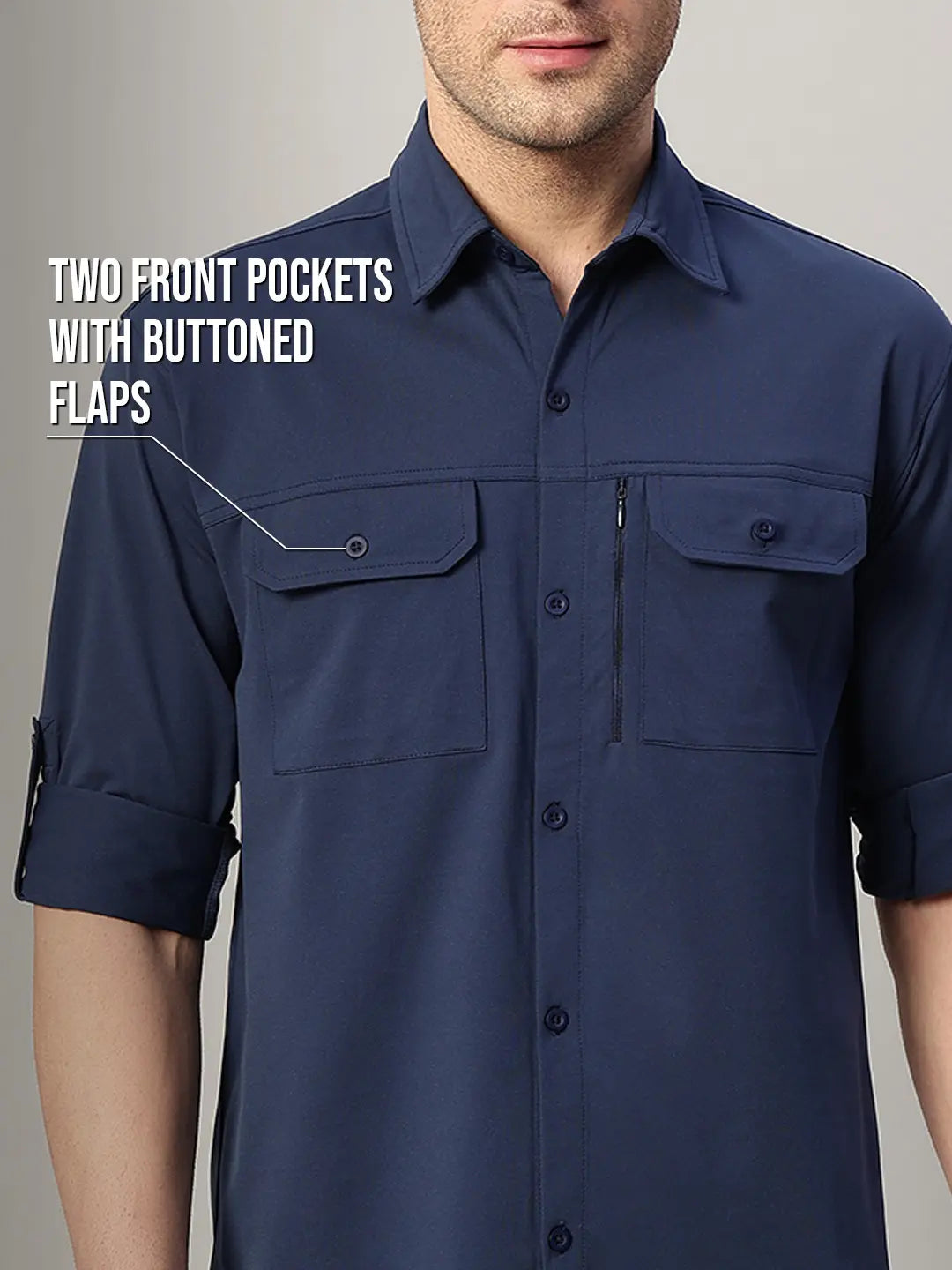 Double Pockets of Navy Cargo Shirt for Men - Reccy