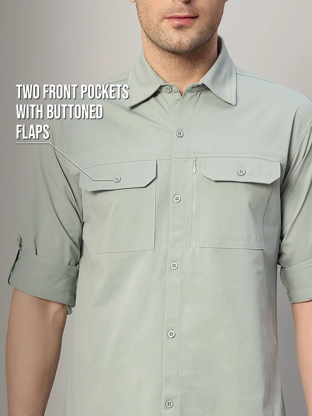 Double Pocket Sage Green Cargo Shirt for Men - Reccy