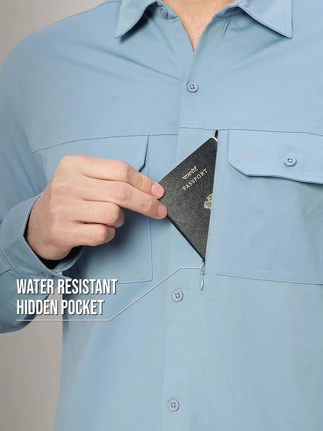 Hidden Pocket of Dusk Blue Cargo Shirt for Men - Reccy