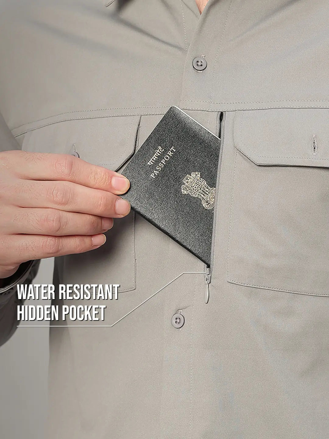 Hidden Pocket of Light Grey Cargo Shirt for Men - Reccy