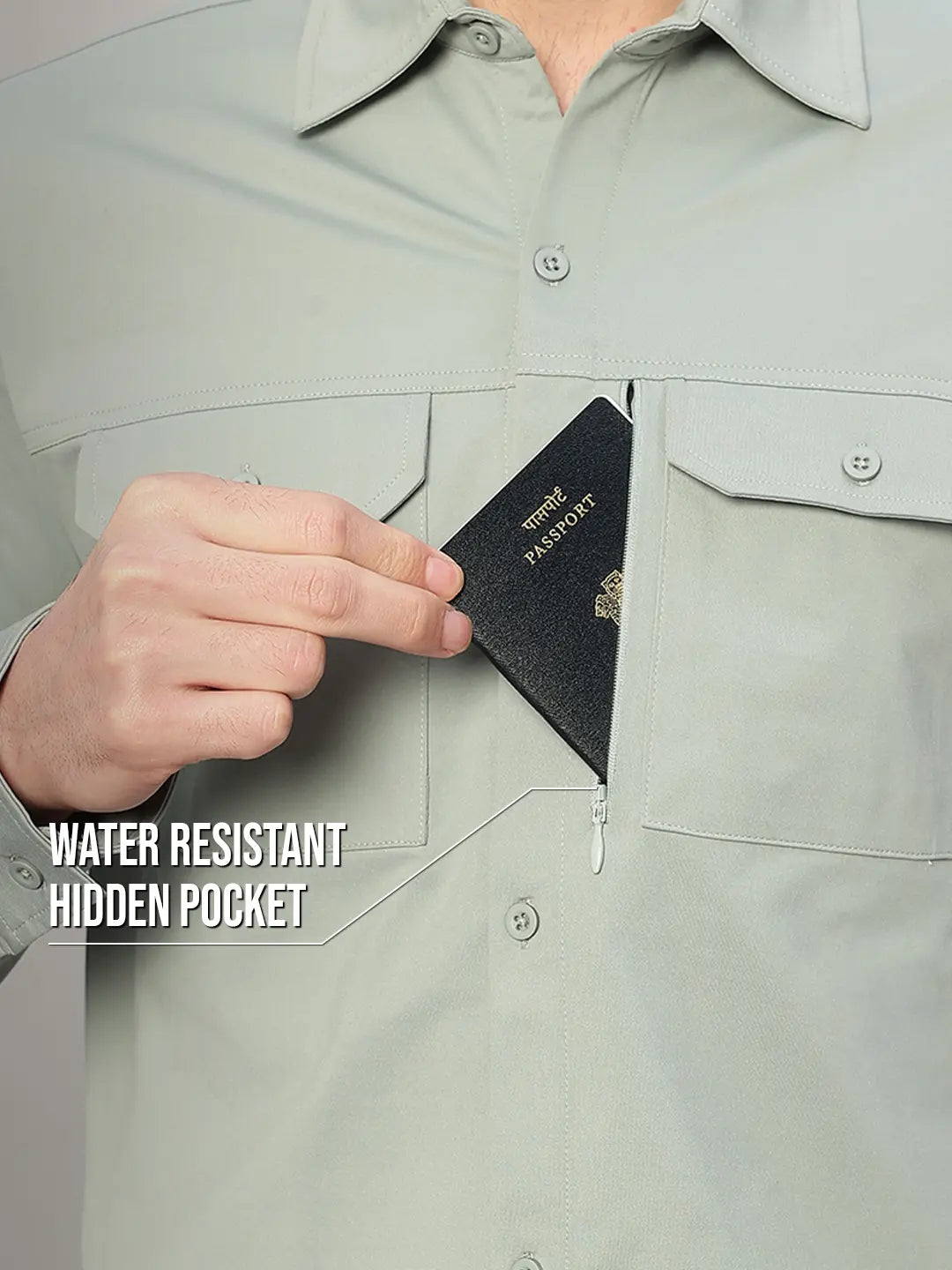 Hidden Pocket of Sage Green Cargo Shirt for Men - Reccy